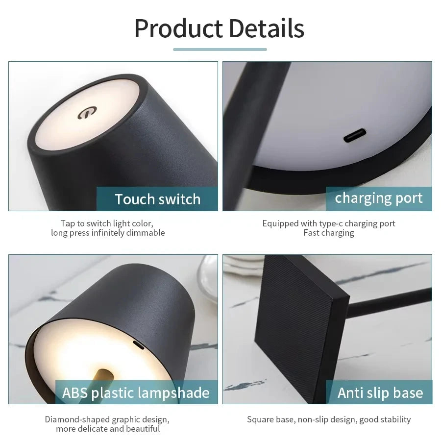 Wireless touch LED charging table lamp with 3-level dimming, suitable for bedside, dining room, bar, and desktop decoration