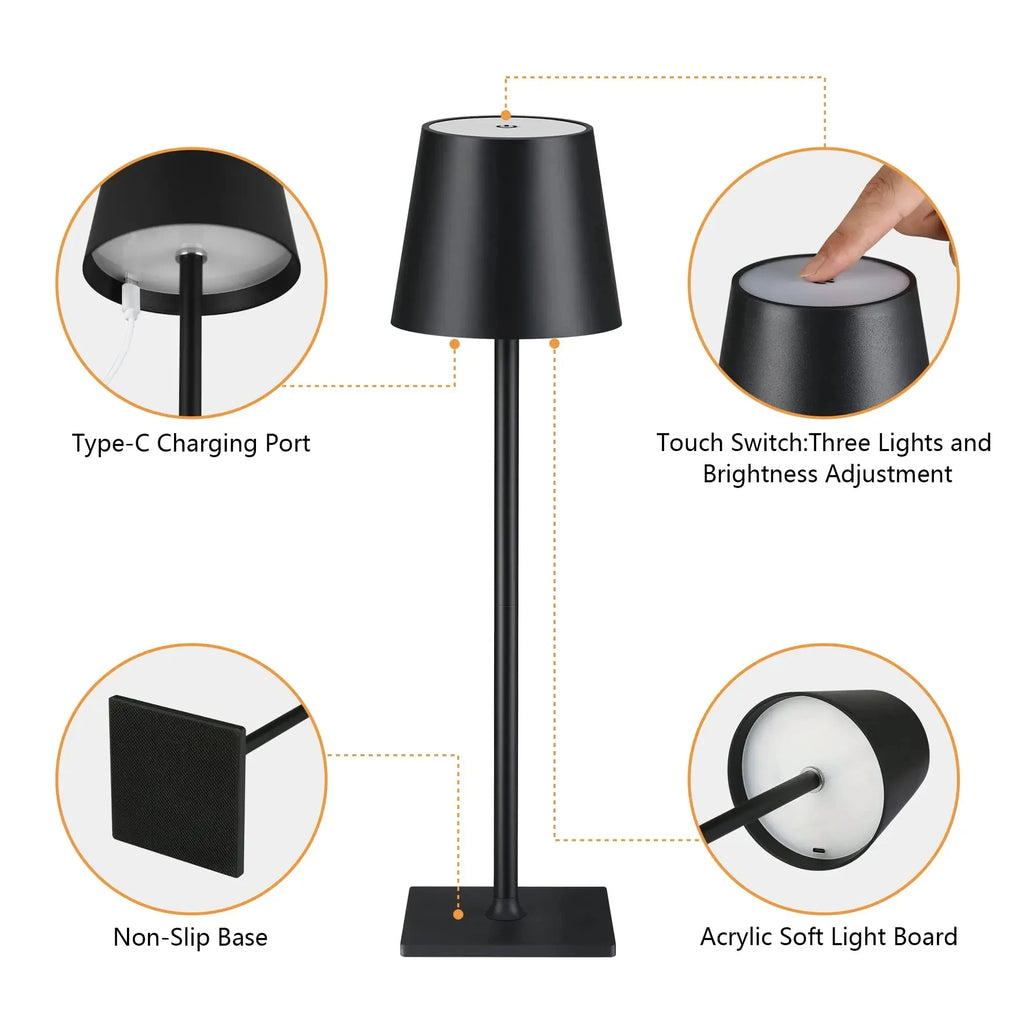 Wireless touch LED charging table lamp with 3-level dimming, suitable for bedside, dining room, bar, and desktop decoration