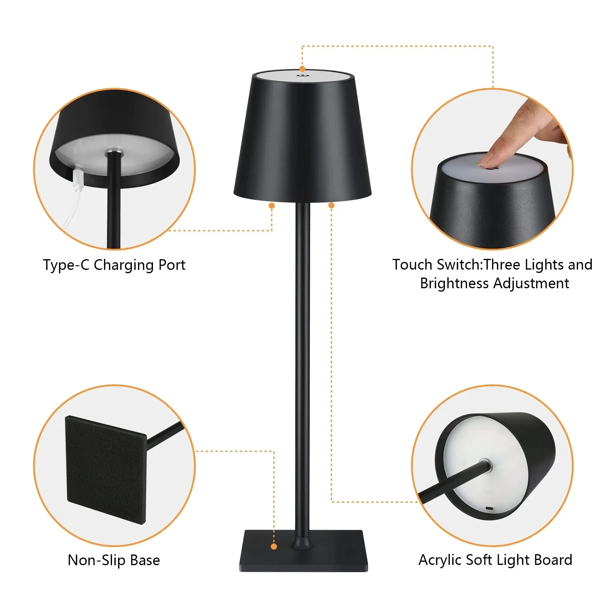 Wireless touch LED charging table lamp with 3-level dimming, suitable for bedside, dining room, bar, and desktop decoration
